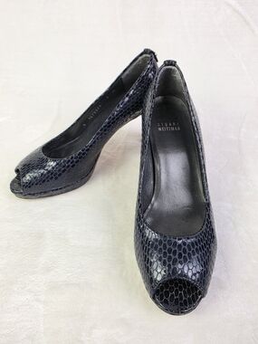 Stuart Weitzman Plainfield Platform Pumps Womens 7M Snakeskin Leather Peep Toe